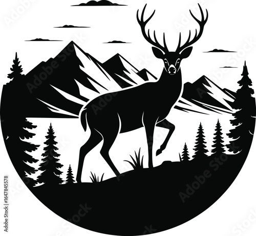 Majestic stag standing in a mountainous forest landscape