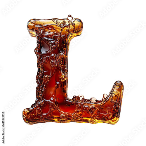 Top view of a 3D letter L made of a splash of cola isolated on a white transparent background