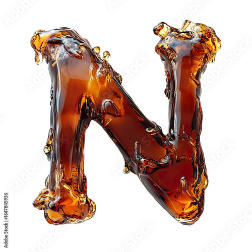 Top view of a 3D letter N made of a splash of cola isolated on a white transparent background