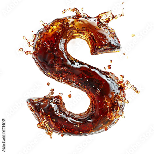 Top view of a 3D letter S made of a splash of cola isolated on a white transparent background