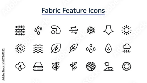 Fabric feature icons representing weather and natural elements line art minimalist
