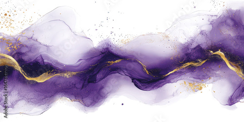Abstract purple and gold fluid art with wavy patterns, isolated on transparent background