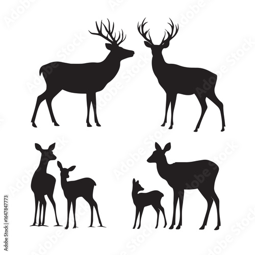 vector illustration of deer family silhouette set, Black & White silhouette set 