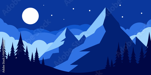 Winter night landscape with a moonlit mountain forest scene and snowy pine trees
