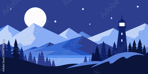 A snowy winter mountain landscape with a cozy village, christmas trees, and a starry night sky