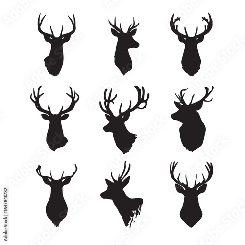vector illustration of deer head silhouette set, Black & White silhouette set 