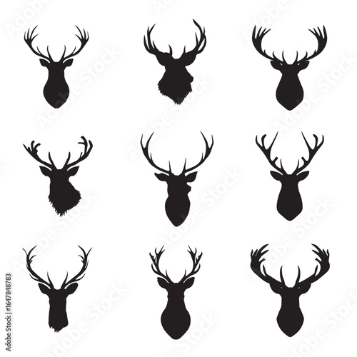vector illustration of deer head silhouette set, Black & White silhouette set 