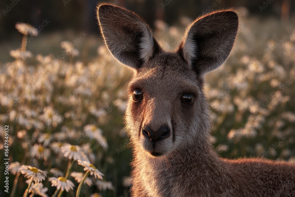 Fototapeta premium Kangaroo stands in an open field surrounded by wildflowers during golden hour light