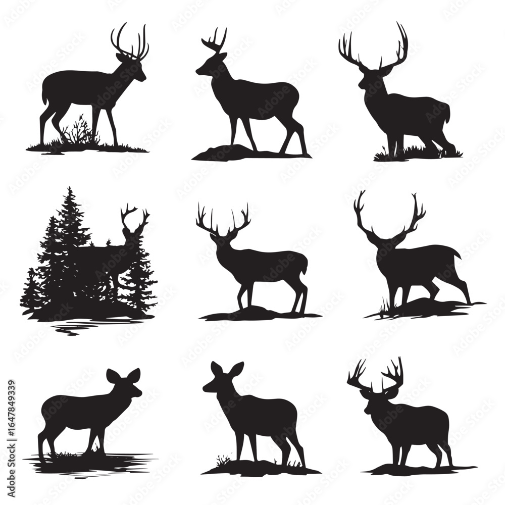 Fototapeta premium vector illustration of deer hunting silhouette set, Black & White silhouette set 