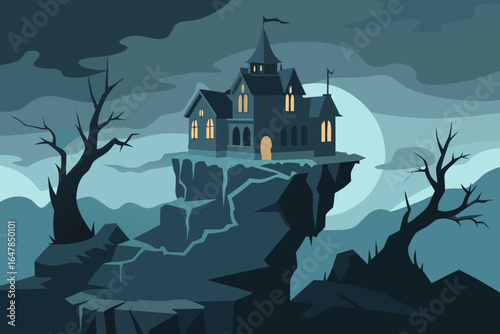 A spooky haunted house on a hill with bats flying under a full moon in the dark autumn night