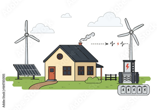 A modern home utilizes solar panels and wind turbines, backed by a battery grid, providing sustainable power. Clean lines and a bright, inviting aesthetic.
