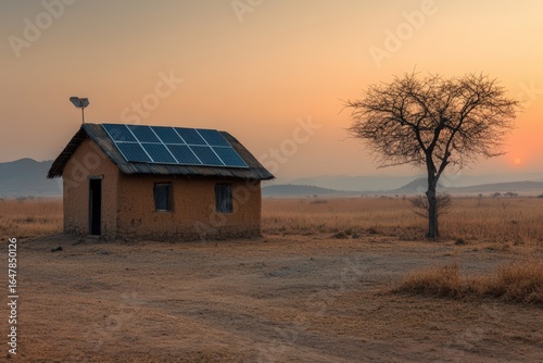Solar panels powering clay house in rural africa at sunset