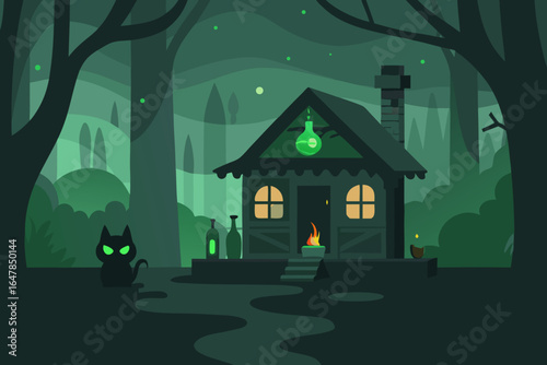 Vector illustration of a haunted house on a dark night with bats, a moon, and spooky trees