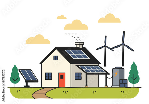 A modern home with solar panels and wind turbines connected to a backup grid. Clean, flat design illustration. Ideal for sustainability and renewable energy concepts.