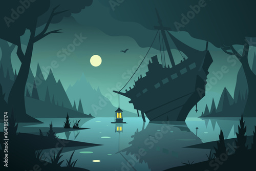 A silhouette of a sailing ship cruises on the sea against a dramatic sunset and cloudy sky