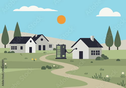 A serene village scene showcases a battery charging homes, highlighting sustainable energy and rural living. Clean lines and a soft color palette create a calming visual.