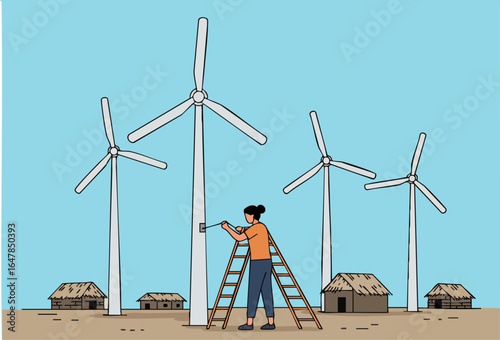 A woman maintains wind turbines in a rural setting.  Clear composition, bright colors, and a focus on sustainable energy. Ideal for business and environmental themes.