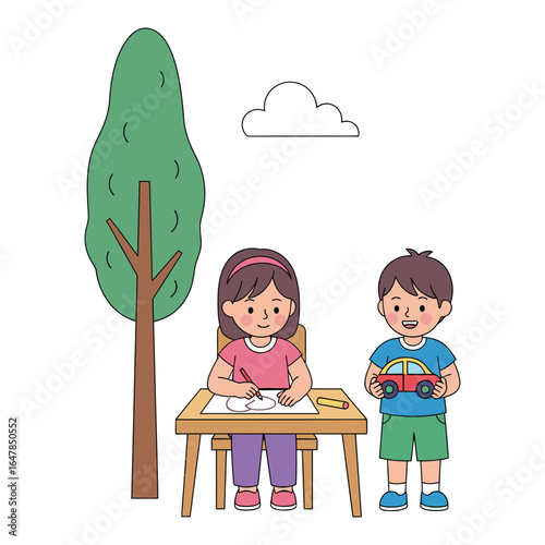 A cute girl drawing at a desk while a boy stands beside her holding a toy car outdoors.