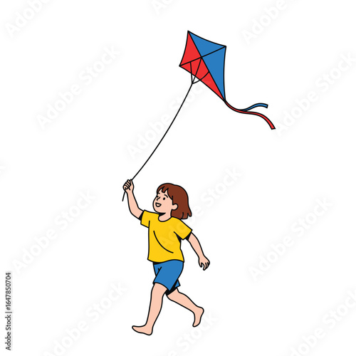 A young girl in a yellow shirt and blue shorts runs barefoot while flying a red and blue kite.