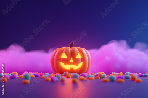 Minimalist neon Halloween with glowing pumpkin, candy in the air, and dreamy smoke on a clean modern background