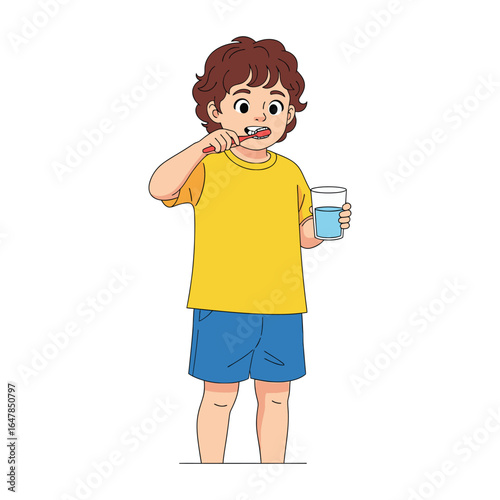 A young boy with brown hair brushes his teeth with a toothbrush while holding a glass of water.