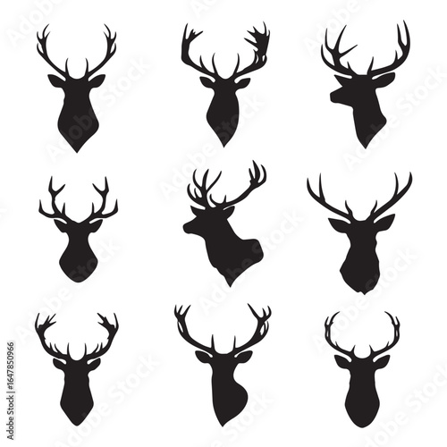vector illustration of deer silhouette set head, Black & White silhouette set 