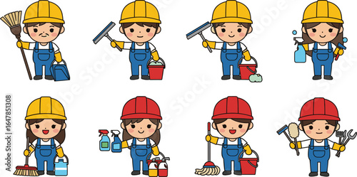 Cartoon construction and cleaning workers in uniform with tools, broom, mop, spray, bucket, vector illustration, maintenance and janitorial service icons