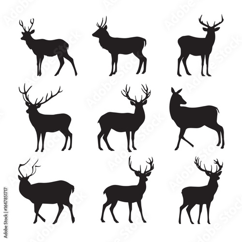 vector illustration of deer silhouette set, Black & White silhouette set 