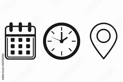 Calendar Clock and Location Pin Icons Depicting Schedule Time and Place Management Minimalist Black and White Vector Graphics