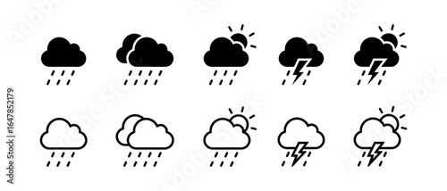 Rain icon set. Cloud rain icon. Moderate rain, heavy rain, snow icons. Thunderstorm icon vector illustration
