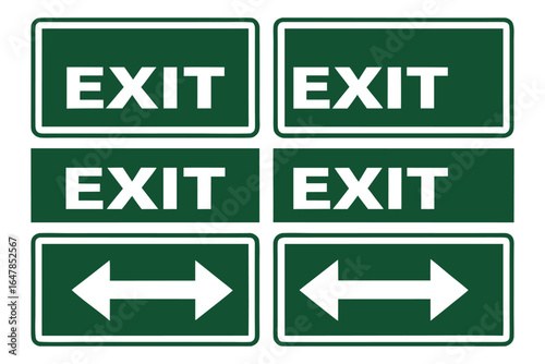 Collection of Green Exit Signs Directing Evacuation Routes in Buildings and Emergency Situations for Safety and Security