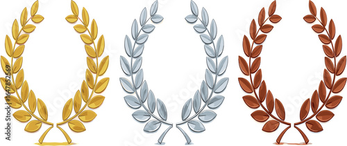 Collection of classic gold, silver, and bronze laurel wreaths, symbolizing victory, championship, and achievement across various competitive and celebratory contexts.