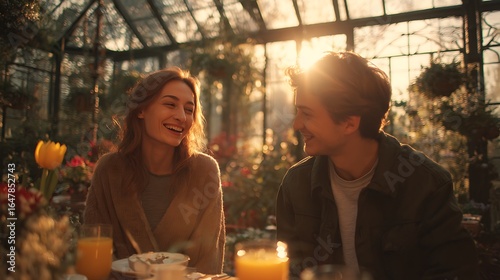Couple laughs during breakfast in greenhouse. Romantic brunch concept for advertising, web, marketing, design, blog use.