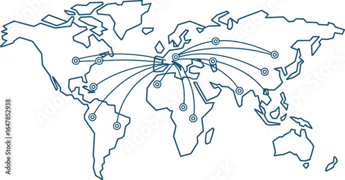 Global network connections and data flow across world map