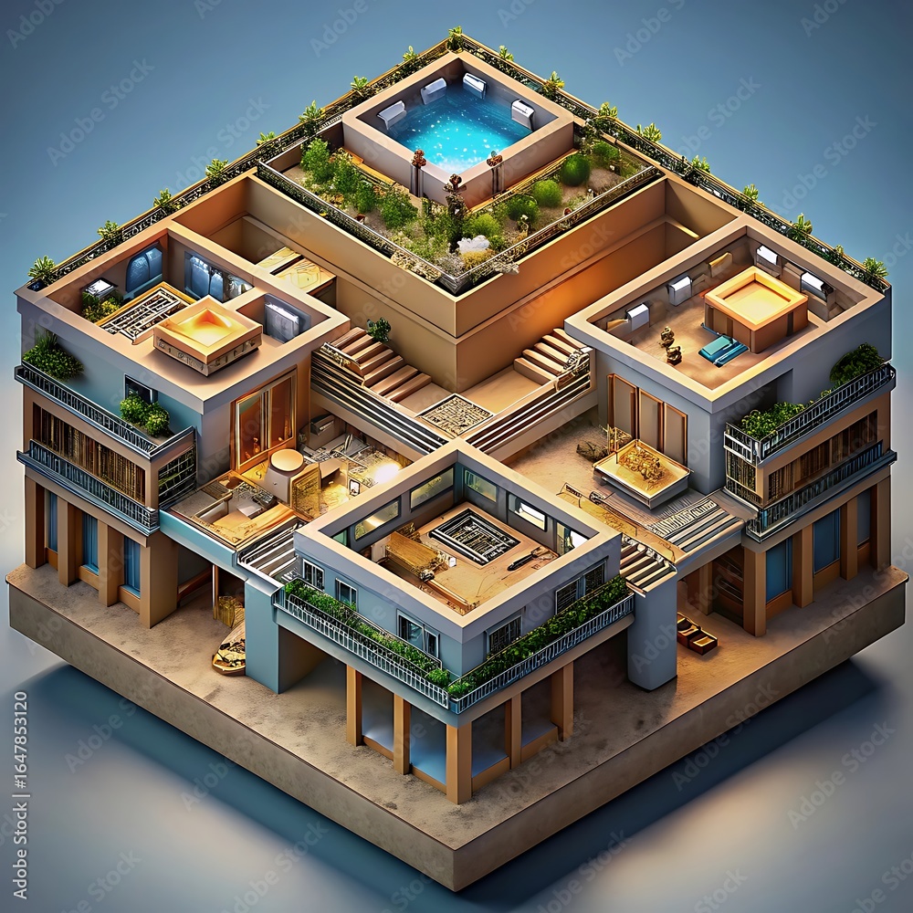 Obraz premium Isometric Architectural Design: An inviting isometric rendering of a modern house, showcasing a layered architectural concept with a rooftop pool.