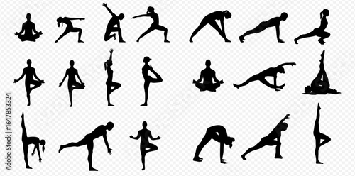 A collection of black silhouettes depicting men and women practicing various yoga poses and asanas.