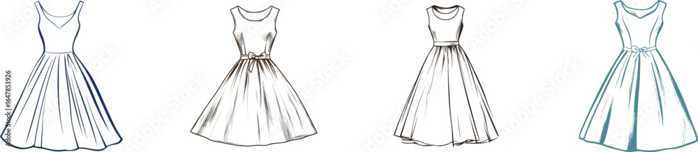 Fototapeta premium On a white isolated background, a simple one-line drawing represents a short dress with a full skirt