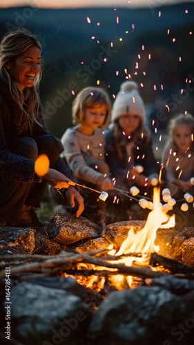 A joyful evening by the campfire with family, roasting marshmallows and sharing stories under the starlit sky.