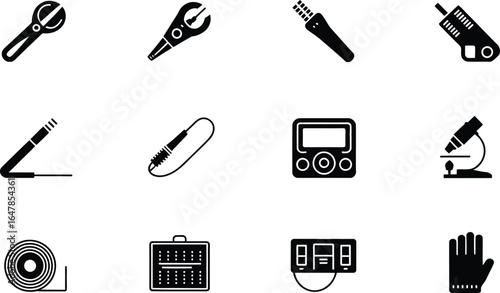 Collection of electronic and mechanical tools and equipment icons