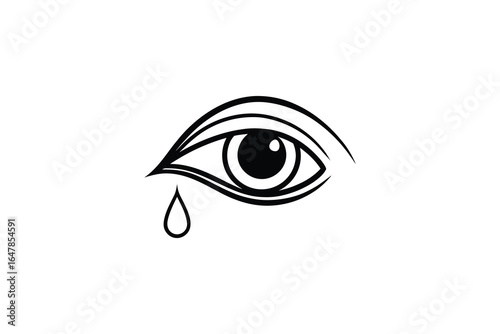 A black and white illustration of a crying eye with a single tear silhouette