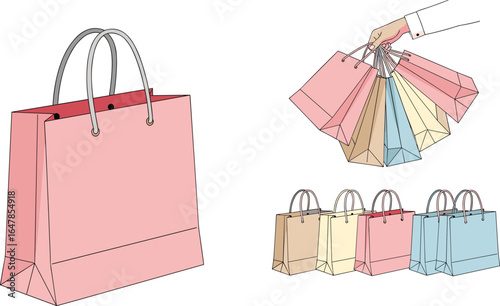 Colorful paper shopping bags, retail gift bags, pastel store packaging, hand holding bags, boutique purchase sacks, pink yellow blue shopping illustration