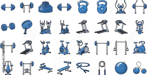 Assortment of blue exercise equipment including weights treadmills and stationary bikes on white background