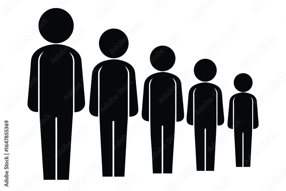 Line of People in Different Sizes Showing Growth and Development in Black and White Design