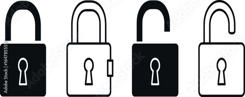 Set of modern padlock icons in black and white, representing concepts of security, privacy, and digital access control for various applications.