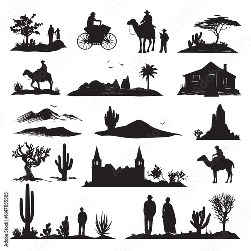 vector illustration of desert landscape silhouette set, Black & White silhouette set 