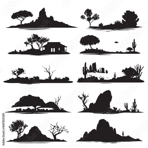 vector illustration of desert landscape silhouette set, Black & White silhouette set 