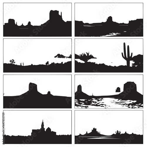vector illustration of desert landscape silhouette set, Black & White silhouette set 