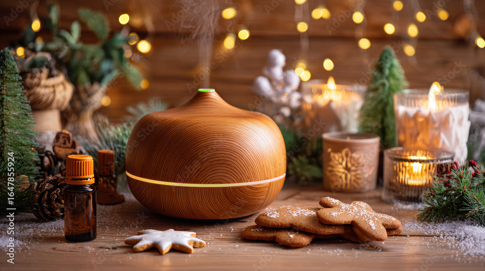Obraz premium Christmas home aromatherapy. Aroma diffuser with pine extract, organic essential oil, vanilla, gingerbread cookies, candles on wooden table. Cozy atmosphere, holiday spirit. Winter inspiration 