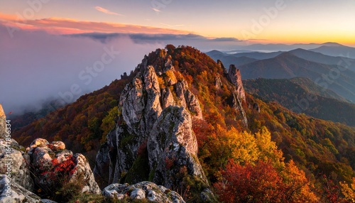 Majestic autumn mountains under sunrise light, panoramic photography of rugged peaks, colorful seasonal tones