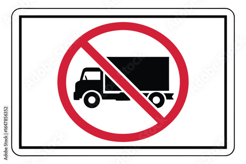 No trucks allowed road sign illustration with red circle and diagonal bar indicating prohibition of large vehicles on certain routes or areas